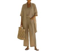 Ensemble Féminin Ample 3 Pièces pour Vacances D'été Voyage Confortable Décontracté Simple Tops Pantalon Droit Ensemble 3 Pièces L