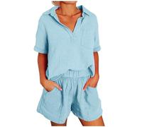 Ensemble Femme 2 PièCes Coton Et Lin Pas Cher Chic Et éLéGant Manches Courtes Chemise + Short avec Poche Ample Et Respirant Tenues D'éTé Costume De Loisirs
