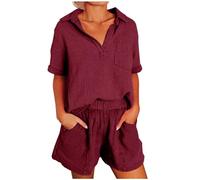 Ensemble Femme 2 PièCes Coton Et Lin Pas Cher Chic Et éLéGant Manches Courtes Chemise + Short avec Poche Ample Et Respirant Tenues D'éTé Costume De Loisirs