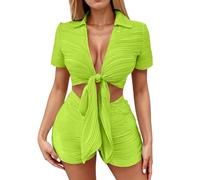 Ensemble Femme 2 PièCes Coton Et Lin Pas Cher Chic Et éLéGant Manches Courtes Chemise + Short avec Poche Ample Respirant Tenues D'éTé Costume De Loisirs