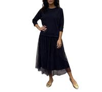 Ensemble Femme 2 Pieces, Haut Manches 3/4 Col Rond Style Sweat, Jupe Tulle Midi Taille Elastique, Tenue Casual Chic, Tissu Doux Confortable, Look Bureau Ville, Facile à Associer avec Baskets Bottines