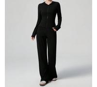 Ensemble femme automne style coréen avec veste noire à capuche manches longues, t-shirt ajusté à la taille, pantalon droit, tenue sport fitness décontractée pour trajet, streetwear et détente à la mai