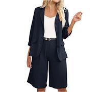 Ensemble Femme Blazer et Courte Pantalon 2 Pièces Coton et Lin Été Décontractée Couleur Unie Veste en Lin Manche Longue Short avec Cordon Poche Lâche Respirant pour Vacance Travail Plage Survêtement