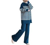 Ensemble Femme Chic et Elegant 2 Pièces Pantalon et Haut à Rayures - Ensemble Jogging Sport Casual Style Marin, Tenue de Priere Musulmane Grande Taille, Abaya Priere Islamique Djellaba Ramadan Caftan