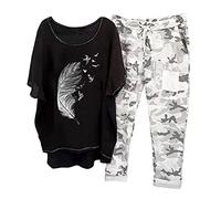 Ensemble Femme Chic Et Elegant Coton et Lin Camouflage Pantalon + Impression de Plumes Chemise Haut Ete Automne Fluide Ample 2 Pieces Costume Décontracté Tenue de Plage Loungewear Set