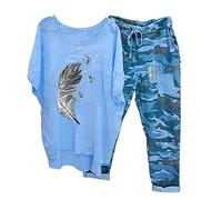 Ensemble Femme Chic Et Elegant Coton et Lin Camouflage Pantalon + Impression de Plumes Chemise Haut Ete Automne Fluide Ample 2 Pieces Costume Décontracté Tenue de Plage Loungewear Set
