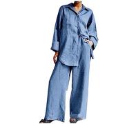 Ensemble Femme Chic Et Elegant Coton et Lin Pantalon + Chemise Haut Ete Automne Fluide Ample 2 Pieces Costume Décontracté Tenue de Plage Loungewear Set Casual Outfit Survêtement Suit Pas Cher