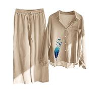 Ensemble Femme Chic et Elegant Coton et Lin Pantalon + Chemise Haut Manche Longue Ete Automne Fluide Ample 2 Pieces Costume Décontracté Loungewear Set Casual Outfit Survêtement Grande Taille Pas Cher