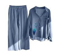 Ensemble Femme Chic et Elegant Coton et Lin Pantalon + Chemise Haut Manche Longue Ete Automne Fluide Ample 2 Pieces Costume Décontracté Loungewear Set Casual Outfit Survêtement Grande Taille Pas Cher