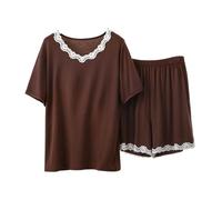 Ensemble Femme Chic et Elegant de Nuit Ensemble Sport Grande Taille Décontractée Uni Ensembles de Pyjama 2 Pièces Tee Shirt à Manches Courtes et Short à Dentelle Tenues Deux Pièces Confort la Maison