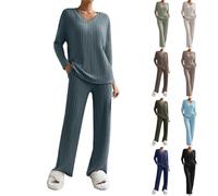 Ensemble Femme Chic Et Elegant Decontracte Sleepwear Col en V Automne Ensemble De Pyjamas Hiver Manches Longues Doux Loungewear Chauds Fluide Pantalon À Taille Élastique D'hiver D'intérieur S-XXL