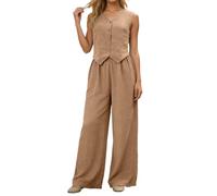 Ensemble Femme Chic Et Elegant en Lin Chemise Pantalon Tailleurs-Pantalons Fluide Été Tailleur Vetement Survetement Haut Ete Blouse Élégant Tailleurs Combinaison Tunique Décontracté 2 Pièces pour