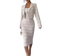Ensemble Femme Chic Et Elegant Ensemble Deux Pièces En Tweed Pour Femme Veste Blazer Élégante À Carreaux Et Robe Midi Moulante Ensembles Deux Pièces Jupe Et Tailleur Vintage Pour Le Tra