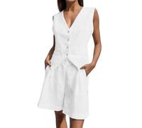 Ensemble Femme Chic Et Elegant, Ensemble Ete Blazer Costume Caraco Couleur Unie Simple Tenue avec Blazer Gilet à sans Manches Short Poches Respirant Leger Fluide Décontractée Quotidienne