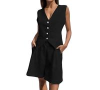 Ensemble Femme Chic Et Elegant, Ensemble Ete Blazer Costume Caraco Couleur Unie Simple Tenue avec Blazer Gilet à sans Manches Short Poches Respirant Leger Fluide Décontractée Quotidienne