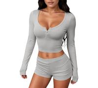 Ensemble Femme Chic Et Elegant- Ensemble Jogging Femme T-Shirt à Manches Longues Boutonné Et Short Style Sport Girl Base