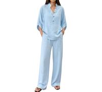 Ensemble Femme Chic Et Elegant Ete Deux Pièces Grande Taill Chemise Manches Longues/Courts Col V Et Décontracté Pantalon Taille Tenue Couleur Unie Ensemble Pantalon Léger de Plage Jogging