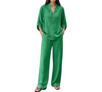 Ensemble Femme Chic Et Elegant Ete Deux Pièces Grande Taill Chemise Manches Longues/Courts Col V Et Décontracté Pantalon Taille Tenue Couleur Unie Ensemble Pantalon Léger de Plage Jogging