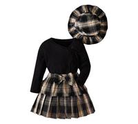 Ensemble Femme Chic et Elegant Fille, Tenue 2 Pièces Hiver, Vêtement 2-8 Ans, Pull Rayé et Jupe Écossaise, Costume avec Nœud(Black, 6-7 Years)