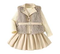 Ensemble Femme Chic et Elegant Fille, Tenue 3 Pièces Gilet Polaire Jupe, Vêtement Simili Cuir, Costume Hiver Tendance 3-7 Ans(Beige, 5-6 Years)