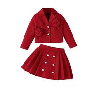 Ensemble Femme Chic et Elegant Fille, Tenue Scolaire Veste Jupe Plissée, Costume Automne Hiver 2 Pièces, Vêtement Enfant Fleurs 3D(Red, 5-6 Years)