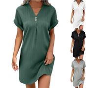 Ensemble Femme Chic Et Elegant, Robe Vert Femme Chic Et Elegant en Coton Lin Votre Compte Mes Commandes, Tunique Dress Grande Taille Col V De Plage Mi Longue Couleur Unie avec Boutons Jupe