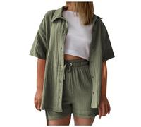 Ensemble Femme Coton en Lin Chic Et Elegant Pas Cher 2 Pièces Chemise à Manches Courtes et Taille Haute Shorts Casual Vêtements de Plage Tenue de Sport Décontracté Streetwear Couleur Unie