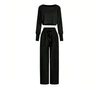 Ensemble femme de 2 pièces : sweat-shirt court à manches longues col rond avec taille élastique, et pantalon de survêtement droit et ample L,M,S,XLUnicolorePolyester,Tissu tricoté