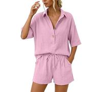 Ensemble Femme Détente Ensemble Lin Ete Femme Ensembles Shirt Lin Bermuda été 2 Pièces Cordon Serrage Élastique Ensembles Sportswear Oversize Set Randonnée Gaze Les Vêtements