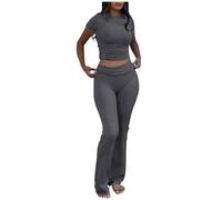 Ensemble Femme Deux Pièces Décontracté Coupe Ajustée Haut Manches Courtes Bas Leggings Évasé Tenue Sport Yoga (Grey, S)