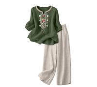Ensemble Femme En Lin Décontracté Respirant Chic Et Elegant Tunique 3/4 Manches Pantalons Coton Et Lin Ensemble 2 Pieces D'été Casual Jogging Vetement Tendance Motif de Broderie Survêtements