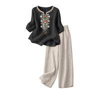 Ensemble Femme En Lin Décontracté Respirant Chic Et Elegant Tunique 3/4 Manches Pantalons Coton Et Lin Ensemble 2 Pieces D'été Casual Jogging Vetement Tendance Motif de Broderie Survêtements