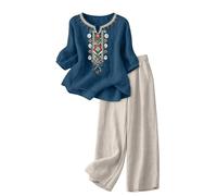 Ensemble Femme En Lin Décontracté Respirant Chic Et Elegant Tunique 3/4 Manches Pantalons Coton Et Lin Ensemble 2 Pieces D'été Casual Jogging Vetement Tendance Motif de Broderie Survêtements