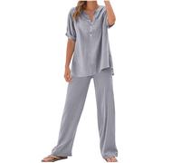 Ensemble Femme en Lin Ensemble Gaze De Coton Fluide Et Elegant 2 Pièces Coton et Lin Deux PièCes En à Manches Chemise Manches Longues Pantalon Jambes Larges Ample Tenue de Plage Vacances Set