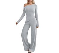 Ensemble Femme Ete 2 Pièces Ensemble Pantalon Femme Élégant à Épaules Découvertes avec Haut Manches Longues et Bas Tenue Moderne Confortable pour les Jours (Light Gray, L)