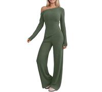 Ensemble Femme Ete 2 Pièces Ensemble Pantalon Femme Élégant à Épaules Découvertes avec Haut Manches Longues et Bas Tenue Moderne Confortable pour les Jours (Green, S)