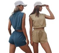 FXATSHE Ensemble Femme Ete Chic Elegant Débardeur Crop Top + Short De Jogging Costume 2 Pièces Décontracté Vetement Survetement Tenue de Sport Ensemble Fitness Gym Outfit (amande,S)