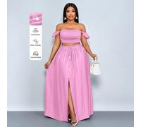 Ensemble femme grande taille vacances romantique élégant en lin-like épaules dénudées avec petites manches volantes Top court et jupe longue fendue devant, tenue deux pièces femme, port décontracté qu