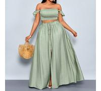 Ensemble femme grande taille vacances romantique élégant en lin-like épaules dénudées avec petites manches bouffantes Top court et jupe longue fendue devant style A-line, tenue deux pièces femme, port