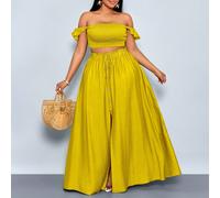 Ensemble femme grande taille vacances romantique élégant en lin-like épaules dénudées, Top court à manches volantes et jupe maxi fendue devant. Tenue deux pièces femme, casual pour le quotidien, convi