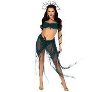 Leg Avenue 4 PC Medusa, includes iridescent asymmetrical bra top with stuffed snake accent, skirt with built in panty and snake waist, arm wrap, and wired glitter snake headband