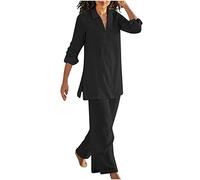 Ensemble Femme Pantalon et Haut Fluide Costume en Lin Ensemble de Vêtements 2 Pièces Femmes d'été T-Shirt Manches Longue + Pantalon d'intérieur Tenue de Sport Décontracté Streetwear Respirant Outfit