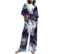 Ensemble Femme Pantalon et Haut Fluide Coton et Lin Ensemble Ete Chic Elegant D'été Imprimé Top Manches Courte + Pantalon Large de Plage Jogging Costume 2 Pièces Décontracté Vetement Survetement