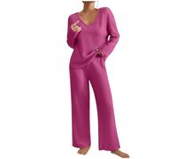 Ensemble Femme Vêtements d'Intérieur Tenue de Maison Tricot Sportswear Côtelé Sleepwear Elegant Vêtement de Nuit Pull Col V Pantalon Droit Sport Pyjama à Manches Longues 2 Pièces Pas Cher