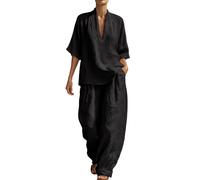 Ensemble Femmes Lin et Coton 2 Pièces Chic Col en V Col Rabattu sans Manches/Court Ensemble Haut et Wide Leg Pants Été Élégant Couleur Unie Loungewear Ete Plage Pure Color Casual Mode