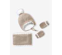 Ensemble festonné bonnet, snood et moufles bébé beige chiné 3/6M(60/67)