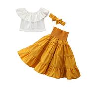 Ensemble Fille 2-7 Ans Tenue de Vêtement 3 Pcs Été à Volants Épaules Dénudées Haut Crop Top + Jupe Tutu Longue Taille Haut + Bandeau Ensemble Pour Enfant en bas Âge Bébé Fille (Jaune , 6-7 Ans )