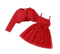 Ensemble Fille 3-24M Veste Manches Longues Volants Et Robe Dos Nu Paillettes Noeud Tulle Princesse Tenue Complète(Red, 18-24 Months)