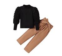 Ensemble Fille 4-8 Ans Mode Automne Haut Tops Enfant Fille Manches Bouffantes Pull Fille col roulé + Pantalons avec ceinturé uni Vetement Fille Printemps Fashion mance Longue (Black, 5-6 Years)