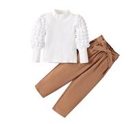Ensemble Fille 4-8 Ans Mode Automne Haut Tops Enfant Fille Manches Bouffantes Pull Fille col roulé + Pantalons avec ceinturé uni Vetement Fille Printemps Fashion mance Longue (White, 5-6 Years)